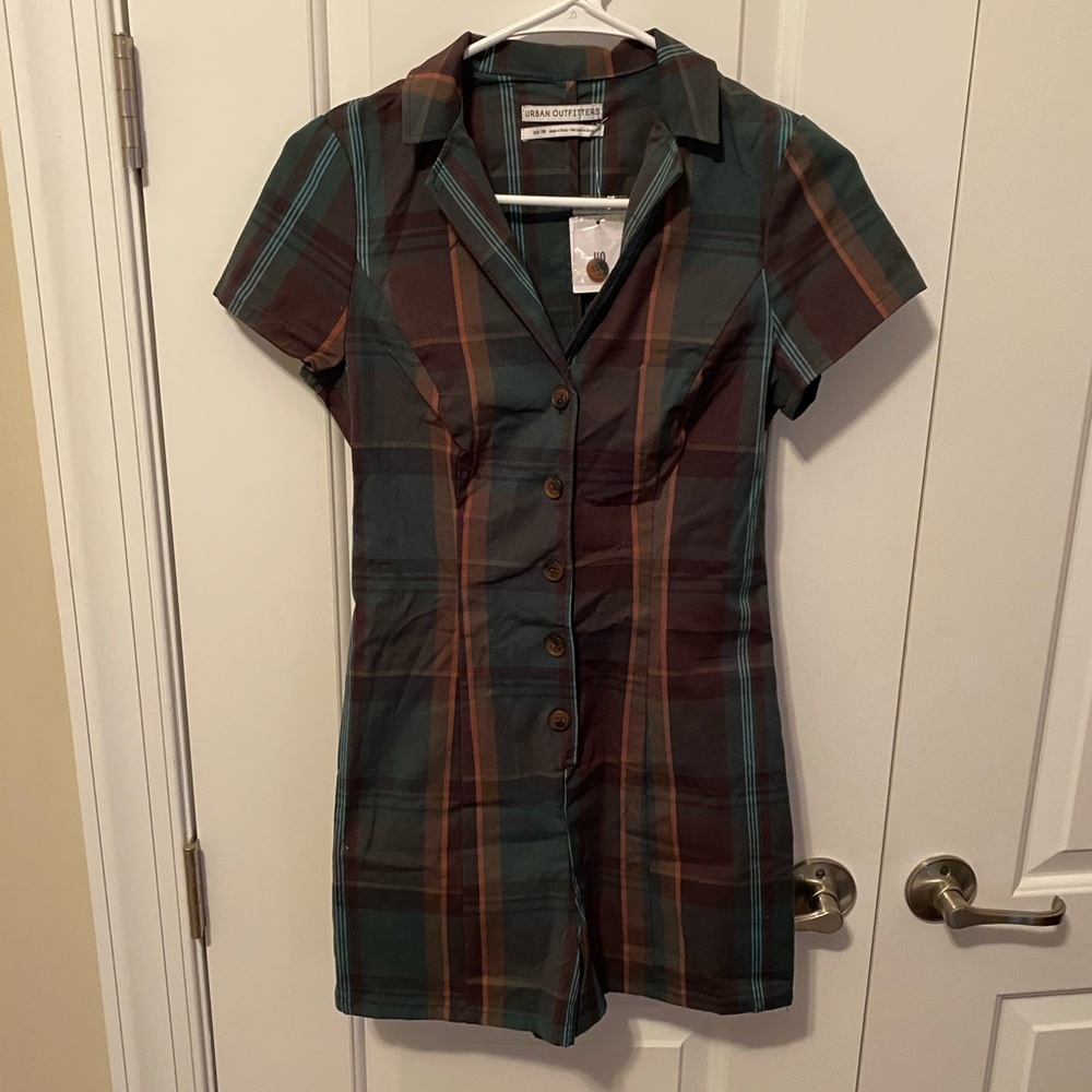 UO Sonata Plaid Button Down Romper XS